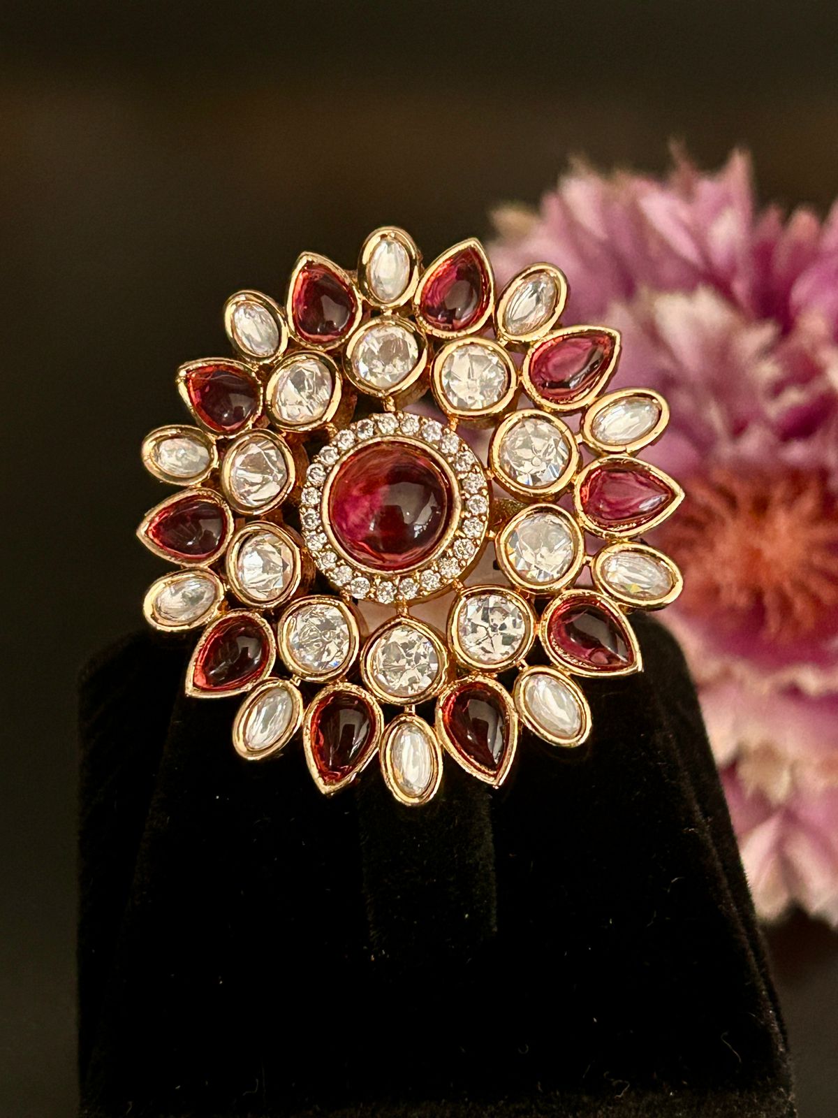 Royal Red & White Kundan Statement Ring – Adjustable Bridal & Party Wear